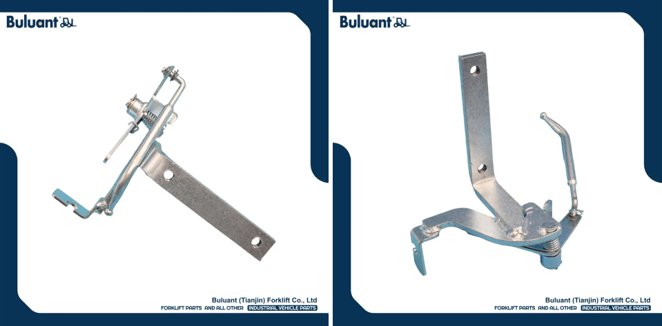 Buluant (Tianjin) Forklift Co., Ltd product display featuring multiple types of forklift engine mounts. The image shows a variety of engine mount models with thickened anti-vibration rubber cores, galvanized metal mounting brackets, and precision-machined fixing holes. Key advantages: strong load-bearing capacity, low noise operation, and compatibility with mainstream forklift brands (KION, HYSTER-YALE, TOYOTA, HELI). Bottom section displays Buluant logo, company name Buluant (Tianjin) Forklift Co., Ltd, and slogan 'FORKLIFT PARTS AND ALL OTHER INDUSTRIAL VEHICLE PARTS'.