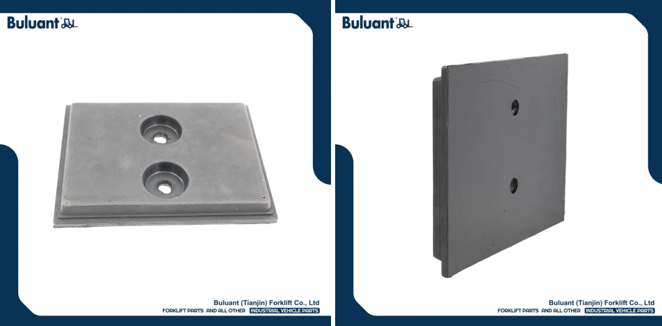 Buluant (Tianjin) Forklift Co., Ltd product display featuring multiple types of forklift engine mounts. The image shows a variety of engine mount models with thickened anti-vibration rubber cores, galvanized metal mounting brackets, and precision-machined fixing holes. Key advantages: strong load-bearing capacity, low noise operation, and compatibility with mainstream forklift brands (KION, HYSTER-YALE, TOYOTA, HELI). Bottom section displays Buluant logo, company name Buluant (Tianjin) Forklift Co., Ltd, and slogan 'FORKLIFT PARTS AND ALL OTHER INDUSTRIAL VEHICLE PARTS'.