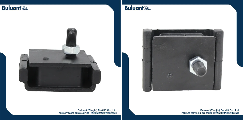 Buluant (Tianjin) Forklift Co., Ltd product display featuring multiple types of forklift engine mounts. The image shows a variety of engine mount models with thickened anti-vibration rubber cores, galvanized metal mounting brackets, and precision-machined fixing holes. Key advantages: strong load-bearing capacity, low noise operation, and compatibility with mainstream forklift brands (KION, HYSTER-YALE, TOYOTA, HELI). Bottom section displays Buluant logo, company name Buluant (Tianjin) Forklift Co., Ltd, and slogan 'FORKLIFT PARTS AND ALL OTHER INDUSTRIAL VEHICLE PARTS'.