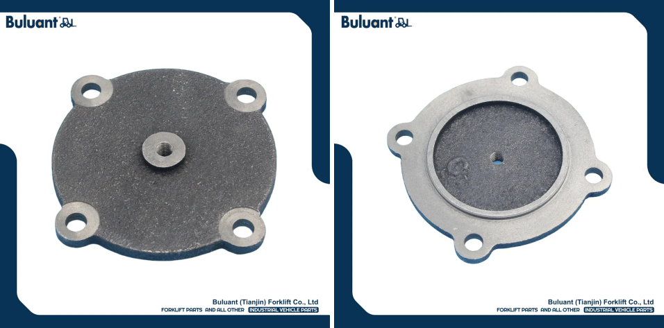 Buluant (Tianjin) Forklift Co., Ltd product display featuring multiple types of forklift engine mounts. The image shows a variety of engine mount models with thickened anti-vibration rubber cores, galvanized metal mounting brackets, and precision-machined fixing holes. Key advantages: strong load-bearing capacity, low noise operation, and compatibility with mainstream forklift brands (KION, HYSTER-YALE, TOYOTA, HELI). Bottom section displays Buluant logo, company name Buluant (Tianjin) Forklift Co., Ltd, and slogan 'FORKLIFT PARTS AND ALL OTHER INDUSTRIAL VEHICLE PARTS'.