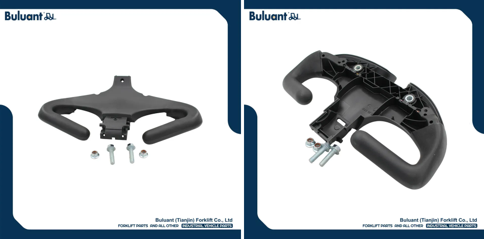 Buluant (Tianjin) Forklift Co., Ltd product display featuring multiple types of forklift engine mounts. The image shows a variety of engine mount models with thickened anti-vibration rubber cores, galvanized metal mounting brackets, and precision-machined fixing holes. Key advantages: strong load-bearing capacity, low noise operation, and compatibility with mainstream forklift brands (KION, HYSTER-YALE, TOYOTA, HELI). Bottom section displays Buluant logo, company name Buluant (Tianjin) Forklift Co., Ltd, and slogan 'FORKLIFT PARTS AND ALL OTHER INDUSTRIAL VEHICLE PARTS'.