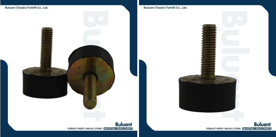 Buluant (Tianjin) Forklift Co., Ltd product display featuring multiple types of forklift engine mounts. The image shows a variety of engine mount models with thickened anti-vibration rubber cores, galvanized metal mounting brackets, and precision-machined fixing holes. Key advantages: strong load-bearing capacity, low noise operation, and compatibility with mainstream forklift brands (KION, HYSTER-YALE, TOYOTA, HELI). Bottom section displays Buluant logo, company name Buluant (Tianjin) Forklift Co., Ltd, and slogan 'FORKLIFT PARTS AND ALL OTHER INDUSTRIAL VEHICLE PARTS'.
