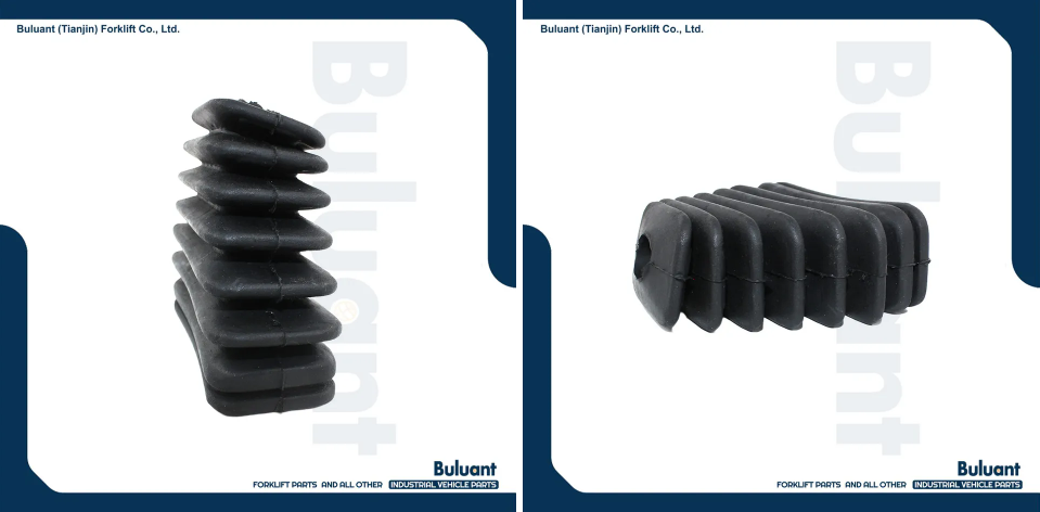 Buluant (Tianjin) Forklift Co., Ltd product display featuring multiple types of forklift engine mounts. The image shows a variety of engine mount models with thickened anti-vibration rubber cores, galvanized metal mounting brackets, and precision-machined fixing holes. Key advantages: strong load-bearing capacity, low noise operation, and compatibility with mainstream forklift brands (KION, HYSTER-YALE, TOYOTA, HELI). Bottom section displays Buluant logo, company name Buluant (Tianjin) Forklift Co., Ltd, and slogan 'FORKLIFT PARTS AND ALL OTHER INDUSTRIAL VEHICLE PARTS'.